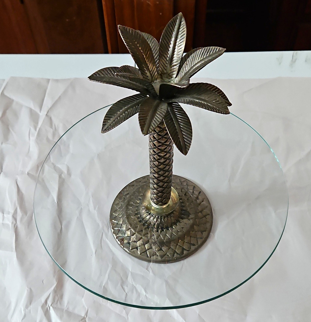 Vintage Brass Palm Tree Side Table Glass Top Hollywood Regency Tropical Decor